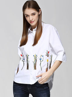 Oversize Loose 3/4 Sleeve Embroidery Blouse