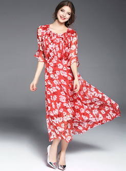 Elegant Print Flare Sleeve Waist Maxi Dress