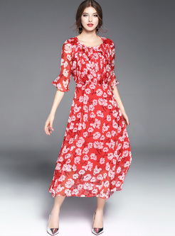 Elegant Print Flare Sleeve Waist Maxi Dress