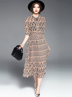 Ethnic Print Tied-collar Waist Midi Dress