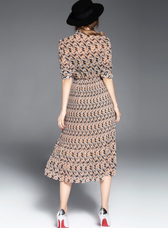 Ethnic Print Tied-collar Waist Midi Dress