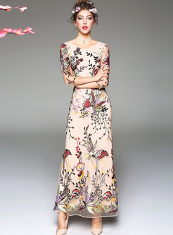 Elegant Embroidered Three Quarters Sleeve Maxi Dress