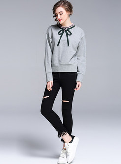 Fashion Cotton Bowknot Patch Loose Hoodies