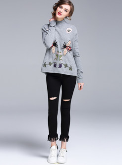 Stylish Embroidered Pullover Turtle Neck Sweater