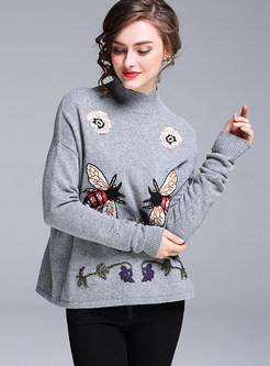 Stylish Embroidered Pullover Turtle Neck Sweater