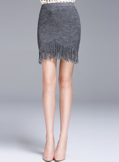 Sexy Pure Color Fringed Knitted Bodycon Skirt