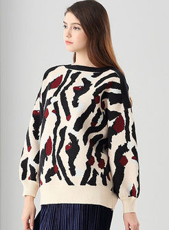 Casual Loose O-neck Print Knit Sweater