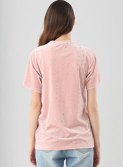 Loose O-neck Short Sleeve Velvet T-shirt 
