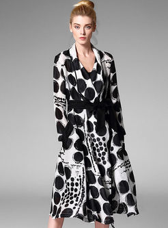 Fashionable Dot Print Lapel Trench Coat With Belt