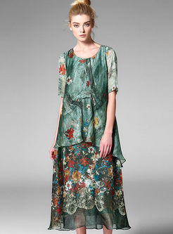 Asymmetric Loose Floral Print Big Hem Short Sleeve Maxi Dress With Underskirt