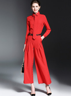 Work Pure Color Turn Down Collar Two-piece Outfits