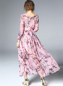Elegant Floral Print Long Sleeve Maxi Dress With Underskirt