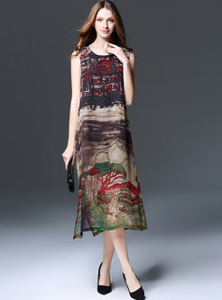 Ethnic O-neck Sleeveless Print Maxi Dress