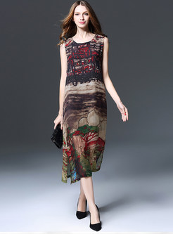 Ethnic O-neck Sleeveless Print Maxi Dress