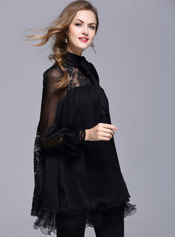 Sweet Loose Puff Sleeve Lace Patchwork Chiffon Blouse