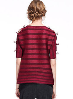 Casual Short Sleeve Stripe Pleat T-shirt 