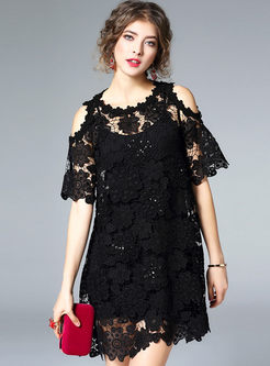 Sexy Hollow Out Embroidery Shift Dress With Underskirt