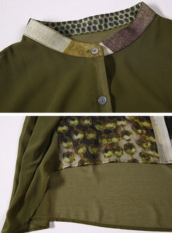 Stylish Print Patchwork Stand Collar Silk Coat