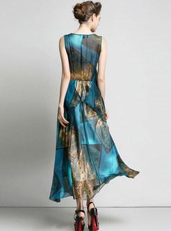 Print Tight Waist Silk Dress