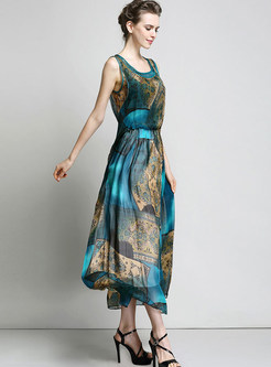 Print Tight Waist Silk Dress