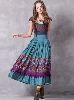 Ethnic Print Lace Tassel Patch Maxi Dress