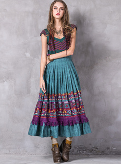 Ethnic Print Lace Tassel Patch Maxi Dress