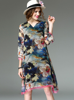 Vintage Silk V-neck Multicolor Print Shift Dress