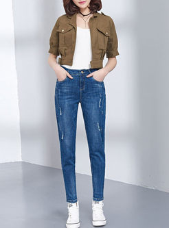 Casual Slim Ankle-length Ripped Denim