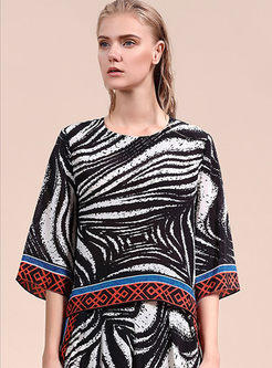 Ethnic Flare Sleeve Zebra Print Silk T-shirt