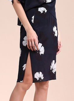 Stylish Print Slit Silk Skirt