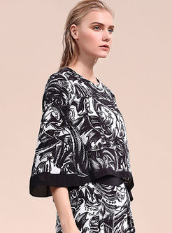 Fashionable 3/4 Sleeve Print Silk T-shirt