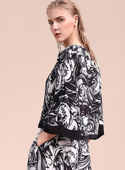 Fashionable 3/4 Sleeve Print Silk T-shirt