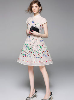 Ethnic Floral Embroidery Stand Collar Skater Dress
