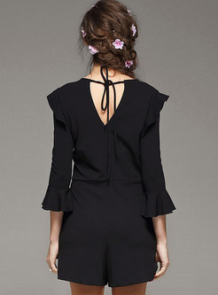 Brief Black Sweet Patch Flare Sleeve Sexy Jumpsuit