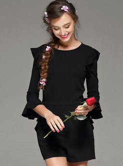 Brief Black Sweet Patch Flare Sleeve Sexy Jumpsuit