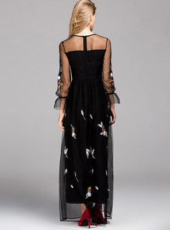 Sexy Mesh Embroidery Maxi Dress