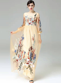 Fashion Embroidery Stitching Maxi Dress
