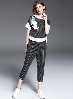 Casual Striped Embroidery Patch T-Shirt & Harem Pants Outfits