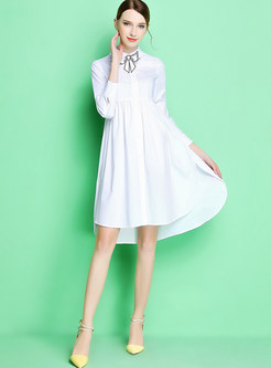 Work Bowknot Patch Turn Down Collar Skater Dress