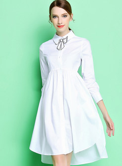 Work Bowknot Patch Turn Down Collar Skater Dress
