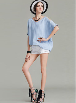 Casual V-Neck Loose Asymmetric Solid Color T-Shirt