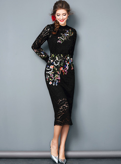 Black Flower Embroidery Lace Sheath Dress