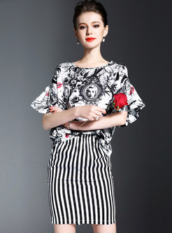 Work Print Slash Neck Tops & Stripe Bodycon Skirt