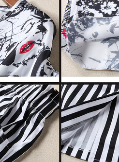Work Print Slash Neck Tops & Stripe Bodycon Skirt