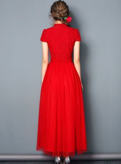 Elegant Red Lace Embroidery Waist Maxi Dress