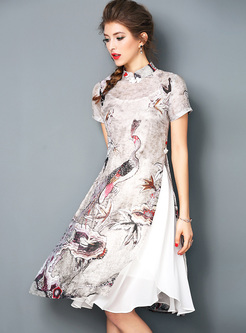 Vintage Swan Print Asymmetric Patch A-line Dress