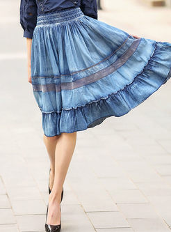 Stylish Elastic Waist Falbala Denim Skirt