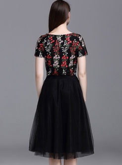Sweet Floral Embroidery Top & Elegant Mesh Skirt