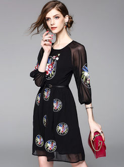 Sexy See-through Embroidery Patchwork Chiffon Skater Dress