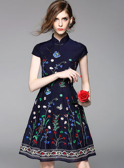 Ethnic Floral Embroidery Stand Collar Skater Dress